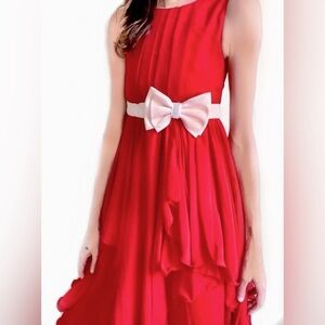Red Ruffle Layered Cocktail Dress with Ivory bow belt